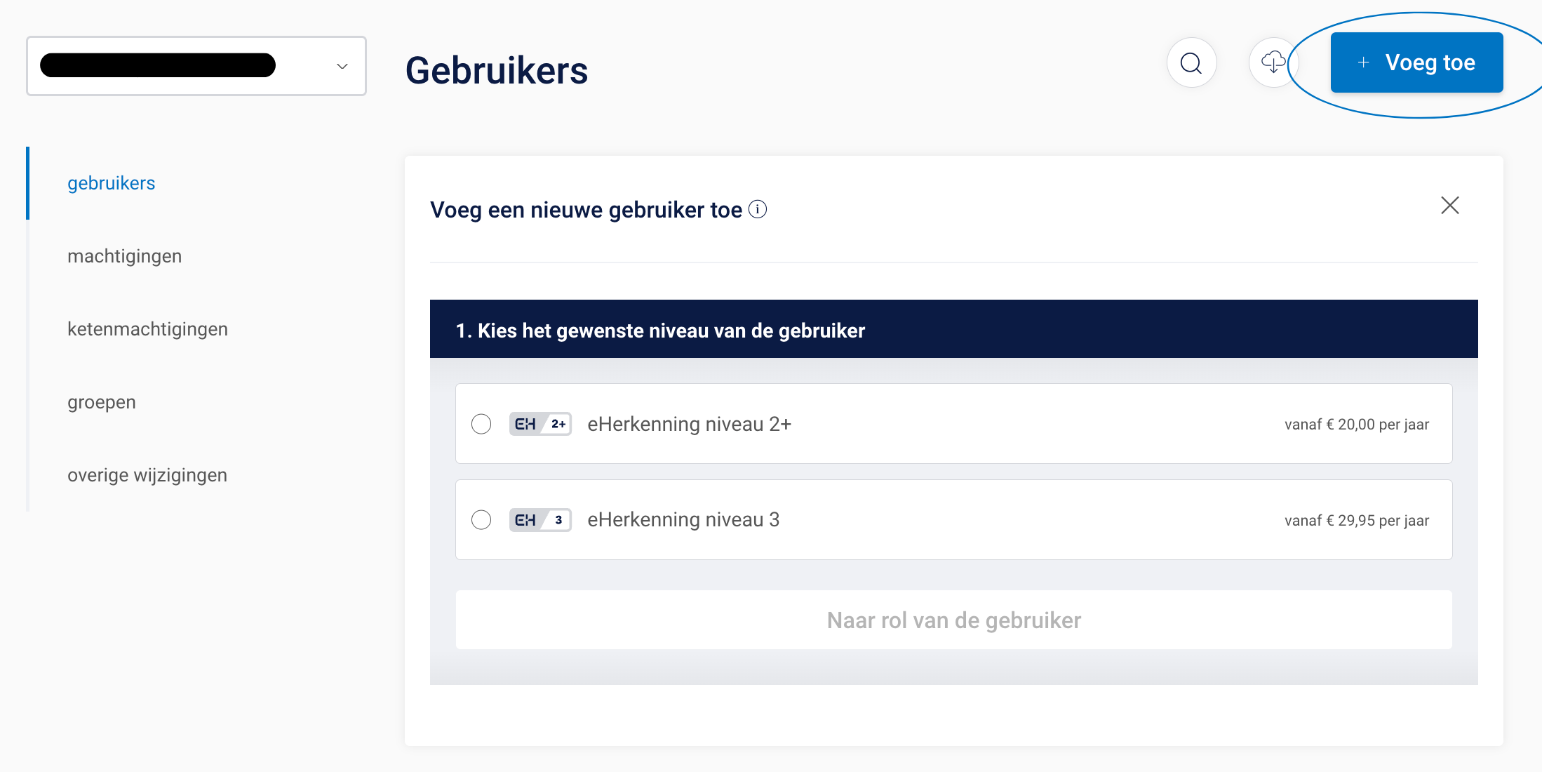 Gewenste niveau van de Gebruiker kiezen in de beheerapplicatie op Mijn QV
